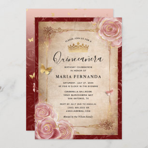 Invitation Elégante aquarelle rose Rose or Quinceanera