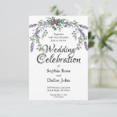 Invitation Elégante aquarelle rose roses Mariage lavande (Debout devant)