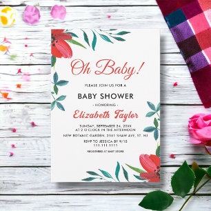 Invitation Elégante aquarelle Rose rouge Baby shower floral
