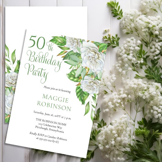 Invitation Elégante aquarelle Roses blanches 50e fête d'anniv