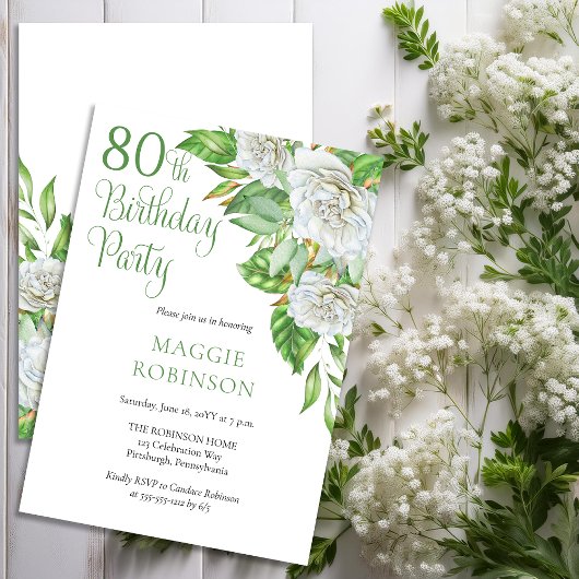 Invitation Elégante aquarelle Roses blanches 80e fête d'anniv