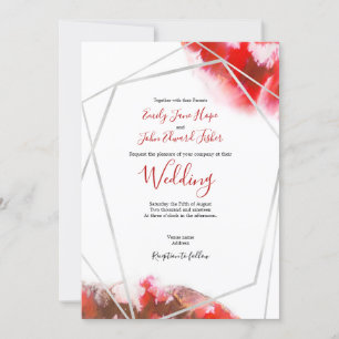 Invitation Elégante aquarelle rouge/Mariage géométrique argen
