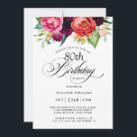 Invitation Elégante aquarelle rustique florale 80e anniversai<br><div class="desc">Cette merveilleusement féminine et rustique boho style 80e anniversaire invitation a une somptueuse palette de couleurs riches en terre cuite, pêche profonde, rouge bordeaux, violet, turquoise et jaune. Les éléments botaniques d'aquarelle élégants ont un charme biologique d'inspiration nature et font pop l'invitation avec style. Élégant script de calligraphie épelle le...</div>