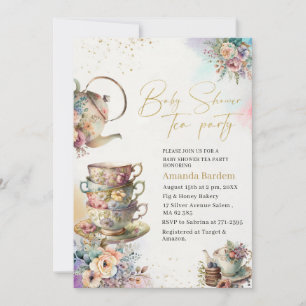 Invitation Elégante aquarelle thé fête fille or rose bébé s