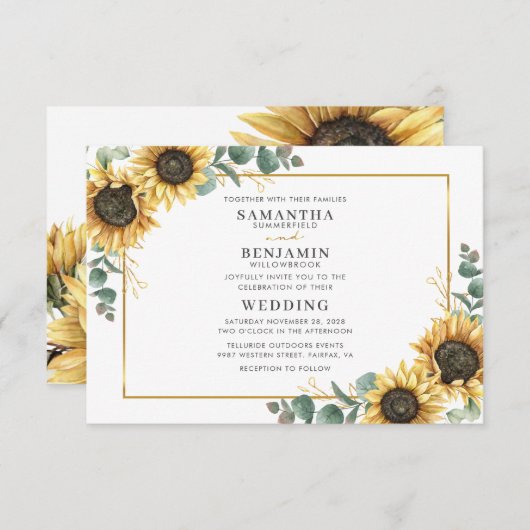 Invitation Elégante aquarelle tournesol Eucalyptus Mariage (Devant / Derrière)