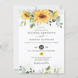 Invitation Elégante aquarelle tournesol Eucalyptus Mariage