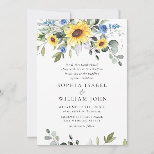 Invitation Elégante aquarelle tournesol Eucalyptus Mariage (Devant)