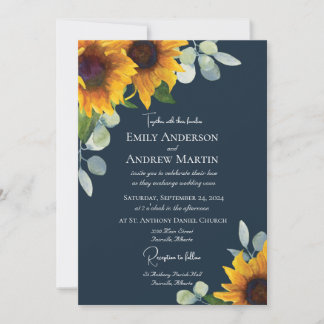 Invitation Elégante aquarelle tournesol Mariage bleu marine