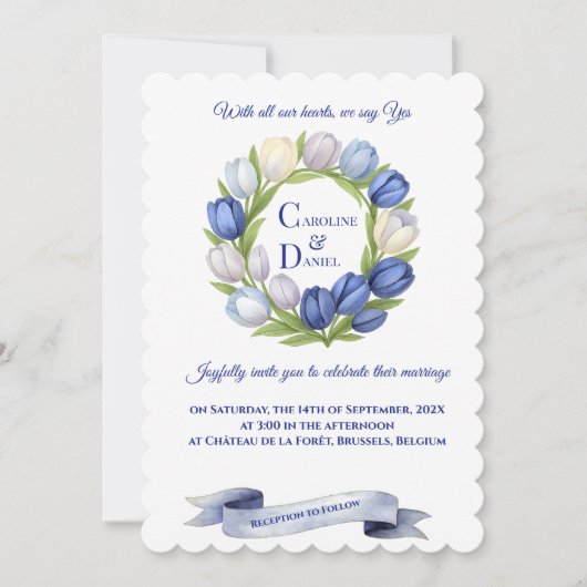 Invitation Elégante aquarelle Tulipe Mariage de couronne bleu (Devant)