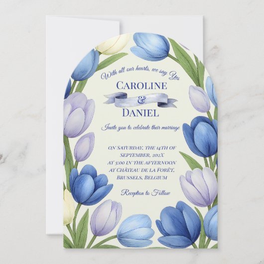 Invitation Elégante aquarelle Tulipe Mariage de couronne bleu (Devant)