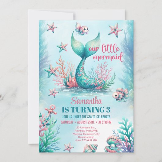 Invitation Elégante aquarelle turquoise mermaid queue anniver (Devant)