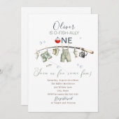 Invitation Elégante aquarelle Un petit pêcheur un anniversair (Devant / Derrière)