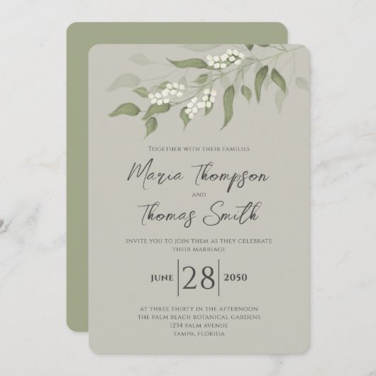 Invitation Elégante aquarelle verdure Feuille Sage vert (Devant / Derrière)