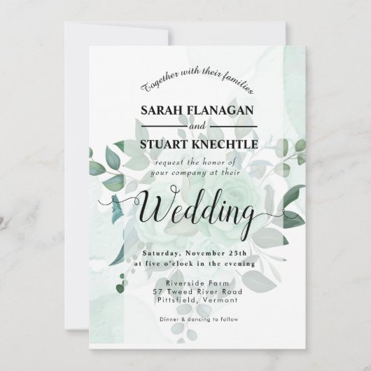 Invitation Elégante aquarelle vert Fleurs Mariage (Devant)