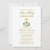 Invitation Elégante aquarelle Vert Floral Première communion (Devant)