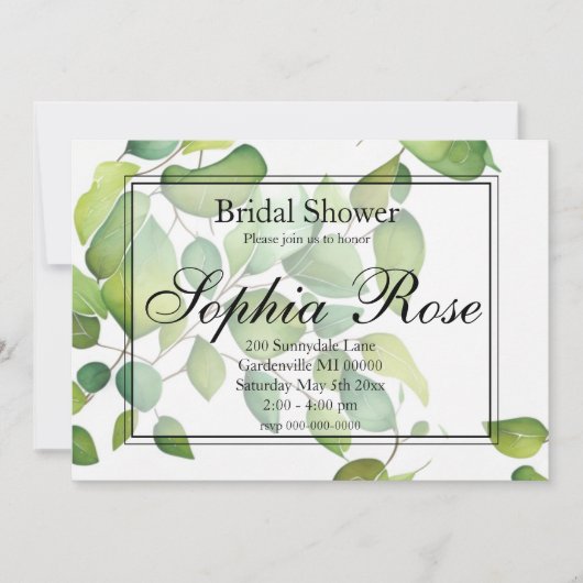 Invitation Elégante aquarelle vert verdure botanique (Devant)