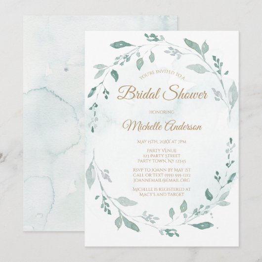 Invitation Elégante aquarelle verte Fête des mariées feuille (Devant / Derrière)