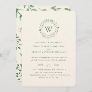 Invitation Elégante aquarelle verte Mariage de couronnes