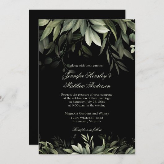 Invitation Elégante aquarelle verte sur Arrière - plan noir (Devant / Derrière)