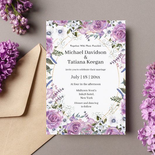Invitation élégante aquarelle violet blanc mariage