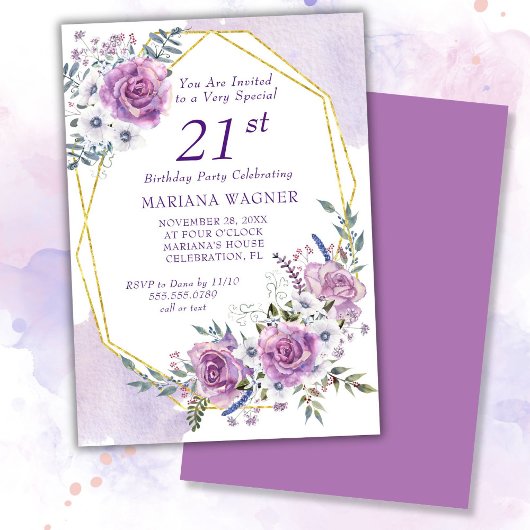 Invitation Elégante aquarelle violet floral 21e anniversaire