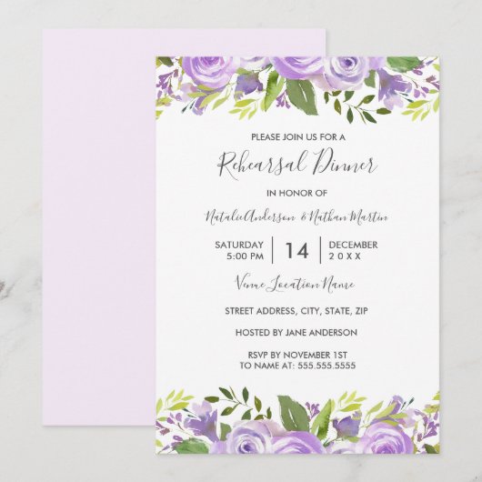 Invitation Elégante aquarelle violet floral Dîner de répétiti (Devant / Derrière)
