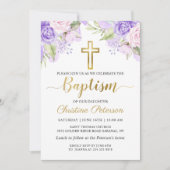 Invitation Elégante aquarelle violet floral fille Baptême (Devant)