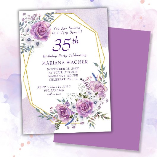 Invitation Elégante aquarelle violet florale 35e anniversaire