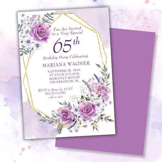 Invitation Elégante aquarelle violet florale 65e anniversaire