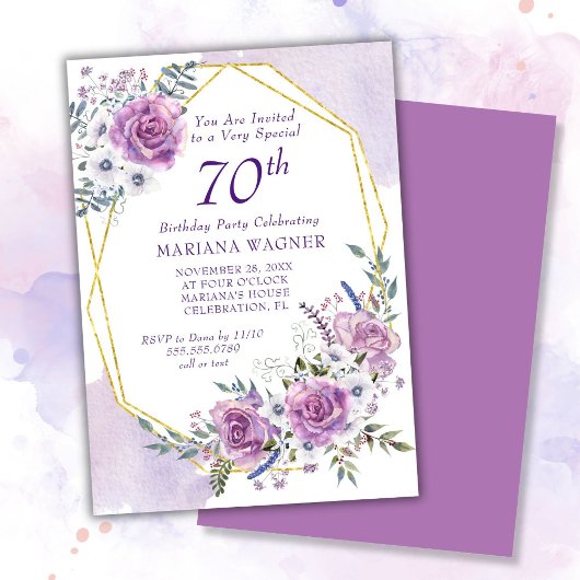 Invitation Elégante aquarelle violet florale 70e anniversaire