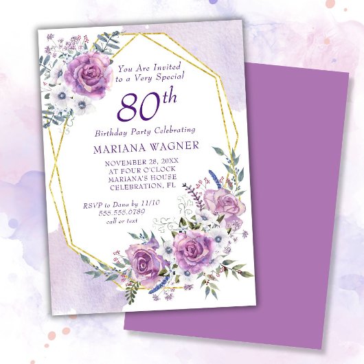 Invitation Elégante aquarelle violet florale 80e anniversaire