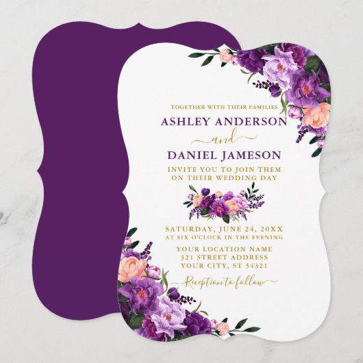 Invitation Elégante aquarelle violet Mariage or floral (Devant / Derrière)