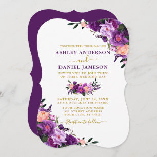 Invitation Elégante aquarelle violet Mariage or floral