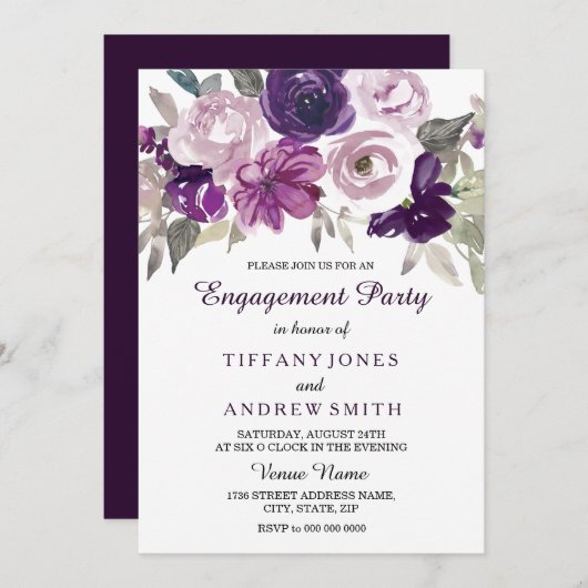Invitation Elégante Aquarelle violette Fleur d'engagement (Devant / Derrière)
