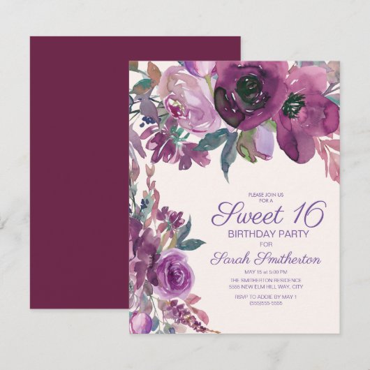 Invitation Elégante Aquarelle violette Floral Sweet 16 Filles (Devant / Derrière)