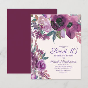 Invitation Elégante Aquarelle violette Floral Sweet 16 Filles