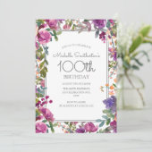 Invitation Elégante aquarelle violette florale 100e anniversa (Debout devant)