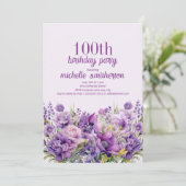 Invitation Elégante aquarelle violette florale 100e anniversa (Debout devant)