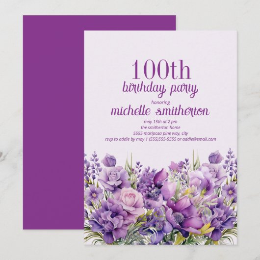 Invitation Elégante aquarelle violette florale 100e anniversa (Devant / Derrière)