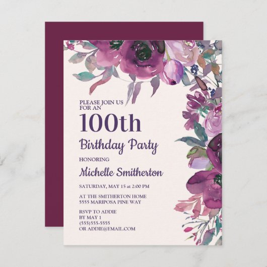 Invitation Elégante aquarelle violette florale 100e anniversa (Devant / Derrière)