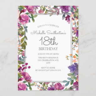 Invitation Elégante Aquarelle violette Florale 18e anniversai