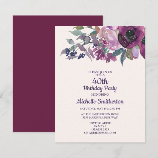 Invitation Elégante Aquarelle violette Florale 40e Anniversai (Devant / Derrière)