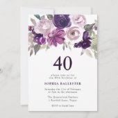 Invitation Elégante aquarelle violette Florale 40e anniversai (Devant)