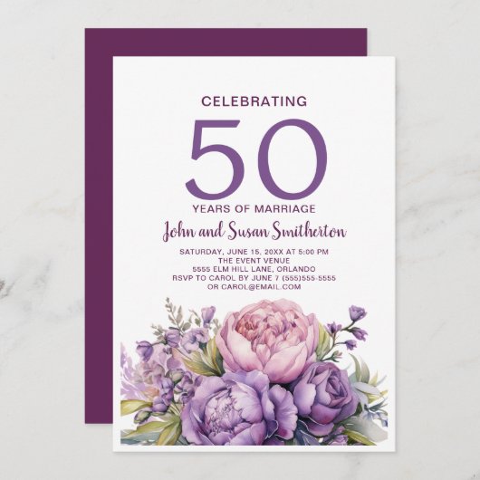 Invitation Elégante aquarelle violette Florale 50e anniversai (Devant / Derrière)