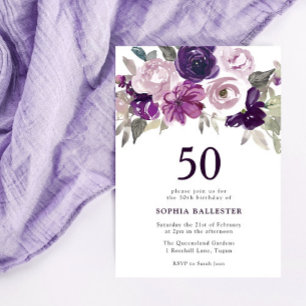 Invitation Elégante aquarelle violette Florale 50e anniversai