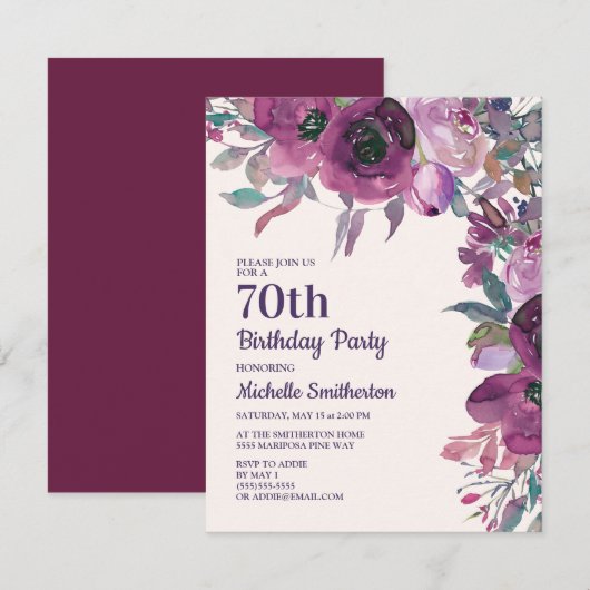 Invitation Elégante aquarelle violette Florale 70e anniversai (Devant / Derrière)