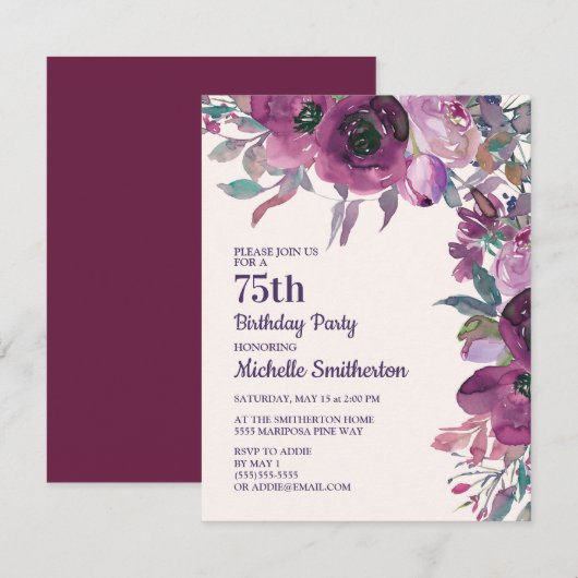 Invitation Elégante aquarelle violette Florale 75e anniversai (Devant / Derrière)
