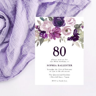Invitation Elégante Aquarelle violette Florale 80e anniversai
