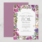 Invitation Elégante Aquarelle violette Florale 80e anniversai (Devant / Derrière)