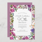 Invitation Elégante aquarelle violette Florale 90e anniversai (Devant / Derrière)